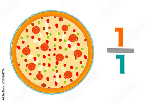 Fototapeta Whole, one by one, fraction pizzas slice. Entire, complete, one total, round, single, undivided Mathematic worksheet. Vector illustration	