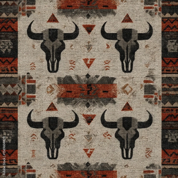 Fototapeta Seamless Pattern of Horned Skulls with Southwest Border and Rustic Texture in Earthy Tones