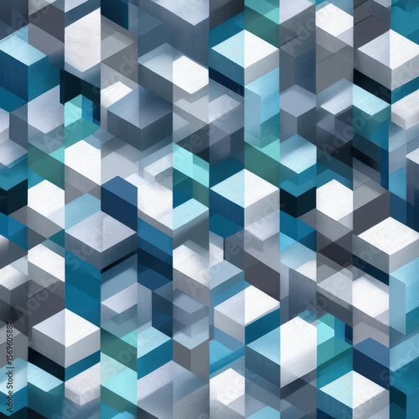 Fototapeta Seamless Isometric Pattern of 3D Cubes and Blocks in Soft Blue and Gray Tones for Modern Design Applications
