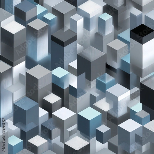 Fototapeta Isometric 3D Pattern Featuring Seamless Arrangement of Cubes and Blocks in Shades of Gray and Blue Tones