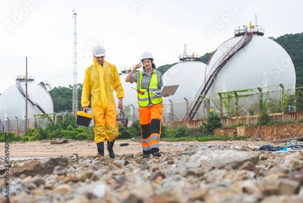 Fototapeta Environmental Workers Team Inspecting Industrial Site, Team in Protective Gear Surveying Contaminated Area, Engineers Assessing Safety at a Chemical Plant