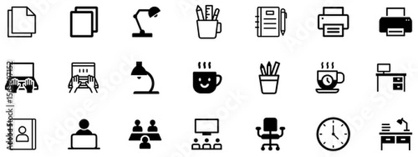 Fototapeta Minimal Black Vector Icons for Office Workspace, Productivity, and Business UI Elements