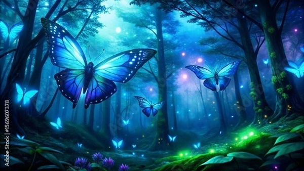 Fototapeta Blue And Green Butterflies Sparkle In Dark Forest At Night
