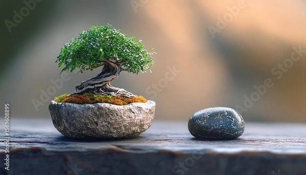 Fototapeta a tiny bonsai tree in a cracked ceramic pot, watercolor style, twisted trunk and textured moss, fine root detail, placed beside a zen stone on smooth wooden table