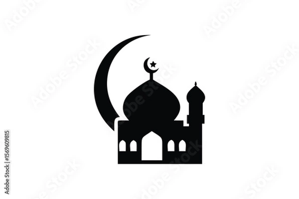 Fototapeta Serene Black and White Mosque Icon with Crescent Moon:  Islamic Faith, Spirituality, Ramadan, Eid al-Fitr, Eid al-Adha, Religious Symbol, Minimalist Design, Vector Illustration, Perfect for Websites, 