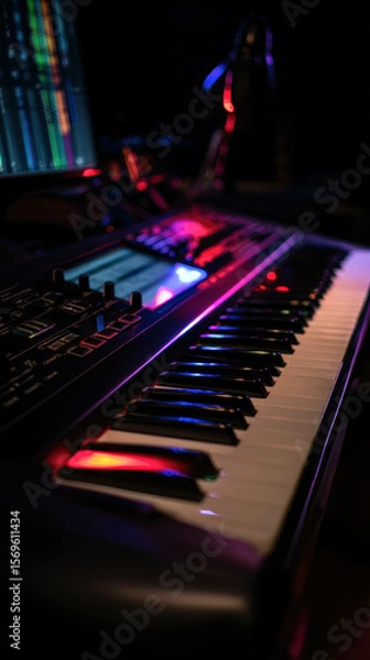 Fototapeta RGB Backlit Synth Keyboard In Dark Studio With Colorful Reflections And DAW Screen, Music Producer. Synth Keys