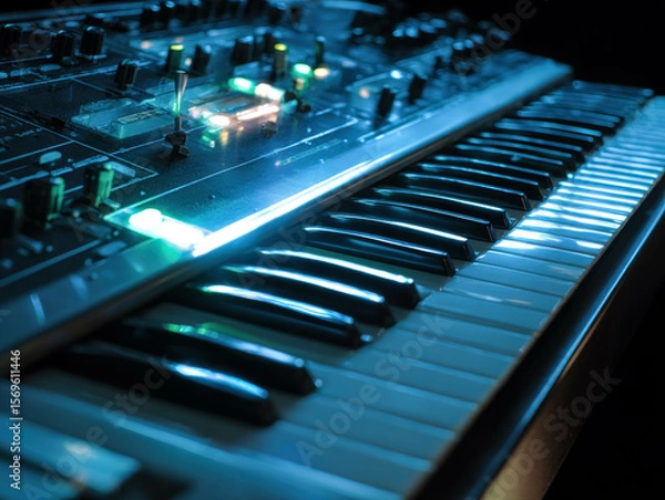 Fototapeta Analog Synth Keyboard Close Up With Glowing Knobs Sliders And Keys, Music Producer. Synth Keys