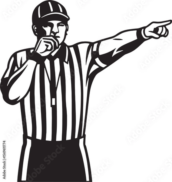 Fototapeta Referee in a striped shirt blowing a whistle while pointing with confidence. Great for any sports or competitive-themed designs.