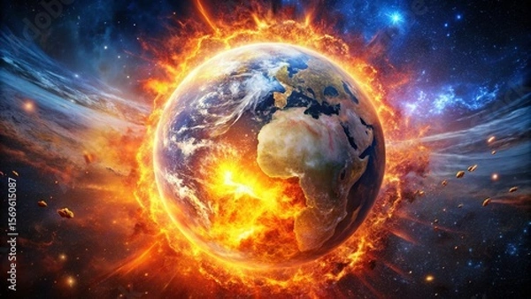 Fototapeta Fiery Cosmic Explosion Engulfing Planet Earth
