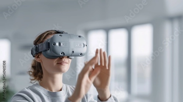 Obraz Man gaming with VR headset and motion controllers in modern space
