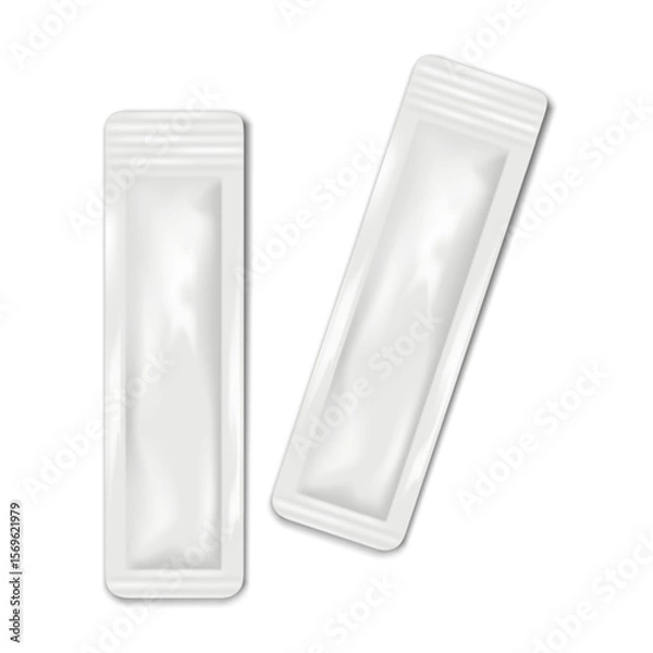Fototapeta Blank white four-side seal long sachet pouch. Realistic vector mock-up. Stick pack plastic bag. 3d mockup. Food, medical product single dose, cosmetics sample individual package. Template for design