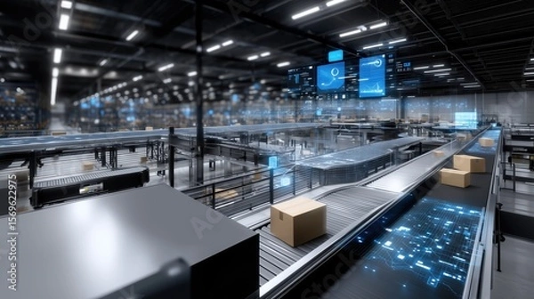Fototapeta Futuristic Automated Warehouse with Digital Interfaces and Conveyor Systems