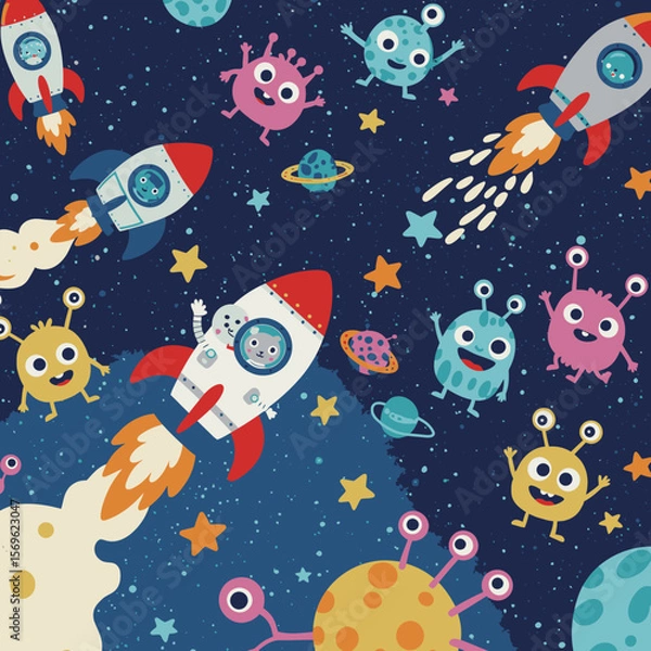 Fototapeta A vibrant and playful cartoon illustration depicts a whimsical outer space scene filled with cheerful aliens, flying rockets, and twinkling stars.