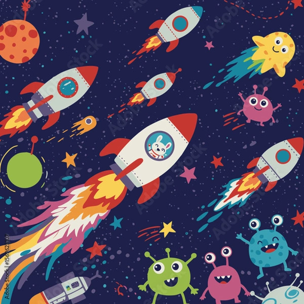 Fototapeta Whimsical vector illustration featuring cute rockets, friendly monsters, and colorful stars against a deep blue space background, perfect for children's designs.