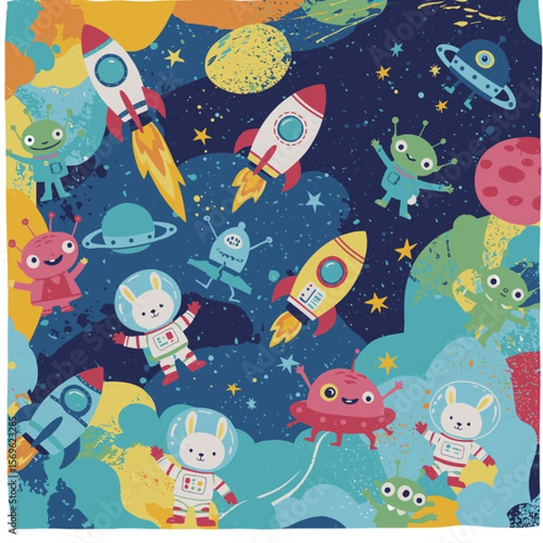 Fototapeta Whimsical cartoon characters including aliens, astronauts, and rockets explore a colorful galaxy with planets and stars.