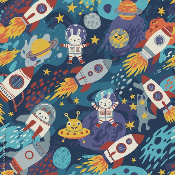 Fototapeta A colorful, whimsical space-themed illustration features rockets, planets, stars, and adorable cartoon rabbit astronauts in a playful, child-friendly design against a dark blue backdrop.