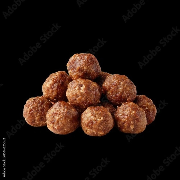 Fototapeta Freshly made bouncy meatballs stacked in pyramid shape, showcasing their rich texture and appetizing appearance. Perfect for delicious meal or snack