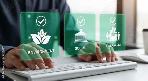 Obraz ESG Environmental Social Governance on Virtual Interface Above Keyboard – Sustainability Concept