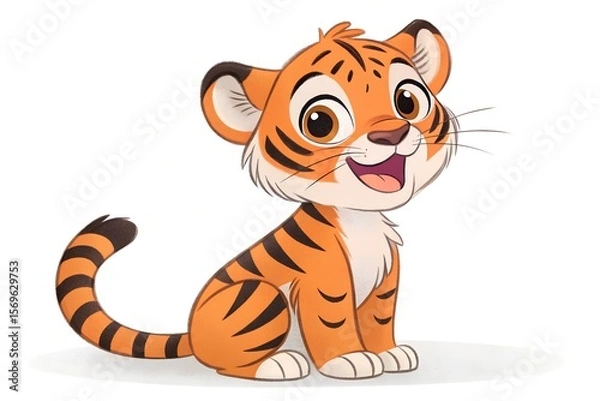 Fototapeta Cute cartoon tiger cub sitting and smiling. Adorable baby animal illustration for kids. Happy jungle character vector art isolated on white background.
 generative ai