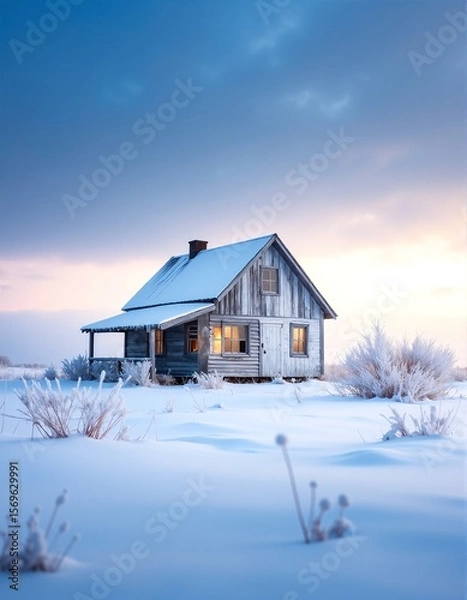 Fototapeta A quaint, rustic house nestled in a vast, open landscape, surrounded by rolling hills and wildflowers, with a clear blue sky overhead.