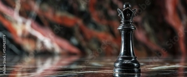 Fototapeta The black chess queen standing majestically on a reflective surface.