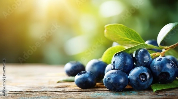 Fototapeta Fresh blueberries on a wooden table, symbolizing natural health and vitality