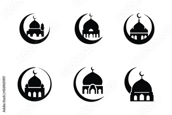 Fototapeta Elegant Mosque Icons: Crescent Moon and Dome Silhouette Set, Black and White Minimalist Design, Islamic Religious Symbols, Perfect for Branding, Websites, and Festive Celebrations of Ramadan and Eid.