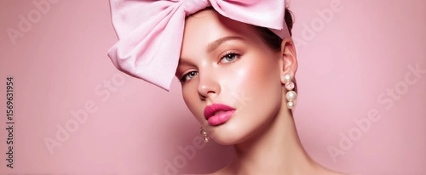 Fototapeta The Elegant Model with a Pink Bow and Stunning Makeup