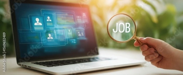 Fototapeta The job search process using a laptop and magnifying glass.