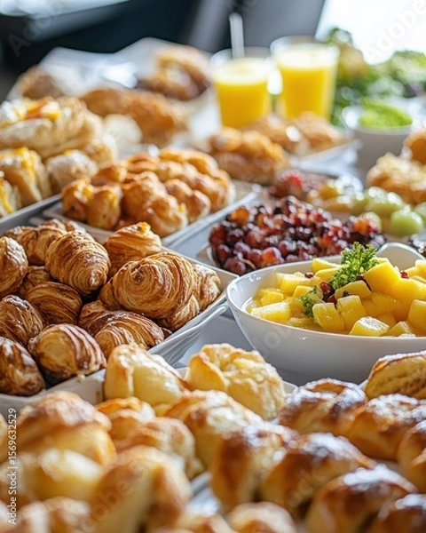 Fototapeta A vibrant buffet of assorted pastries and fruits, set on a table with refreshing beverages nearby