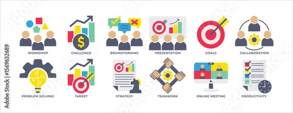 Obraz ICON SET WORKSHOP, BRAIN STORMING, PRESENTATION, PROBLEM SOLVING, TARGET, STRATEGY, TEAMWORK AND MORE. ICON FOR APP, WEBSITE, PRESENTAITON ETC. ICON IN FLAT STYLE.