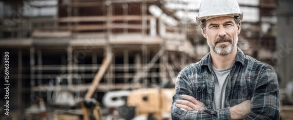 Fototapeta The construction worker demonstrating confidence on a busy building site.