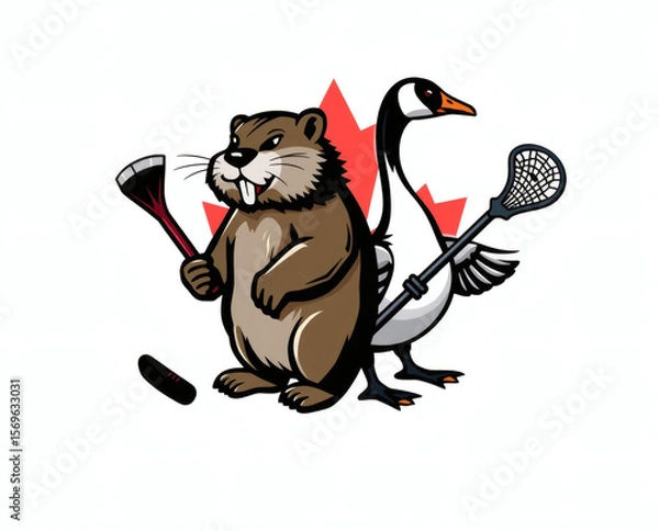 Fototapeta Sporting symbols of Canada unite as a beaver and goose embrace lacrosse and hockey with enthusiasm in a vibrant display
