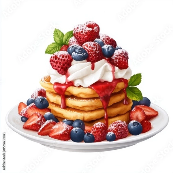 Fototapeta Delicious Stack of Fluffy Pancakes Topped with Fresh Berries and Cream