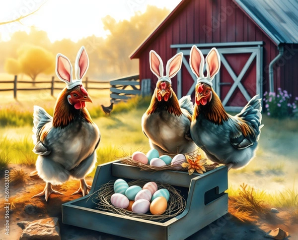 Fototapeta Charming chickens in bunny ears gather around colorful eggs in a sunny farmyard setting