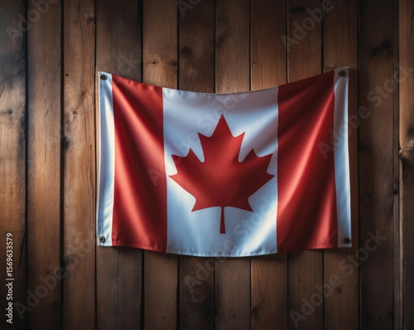 Fototapeta Canadian flag beautifully displayed against a rustic wooden backdrop, symbolizing pride and cultural heritage in a cozy setting