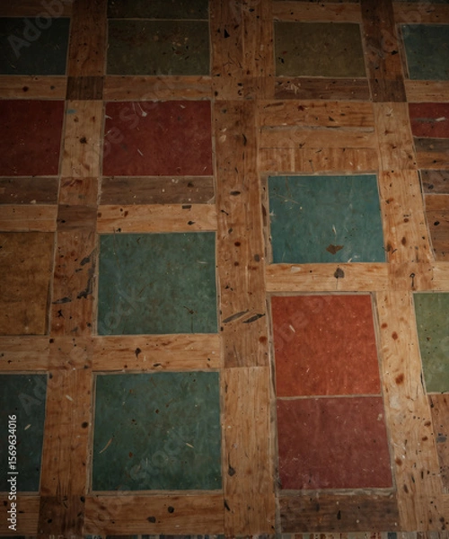 Fototapeta Colorful geometric patterns create a vibrant patchwork on an aged wooden floor in a cozy room