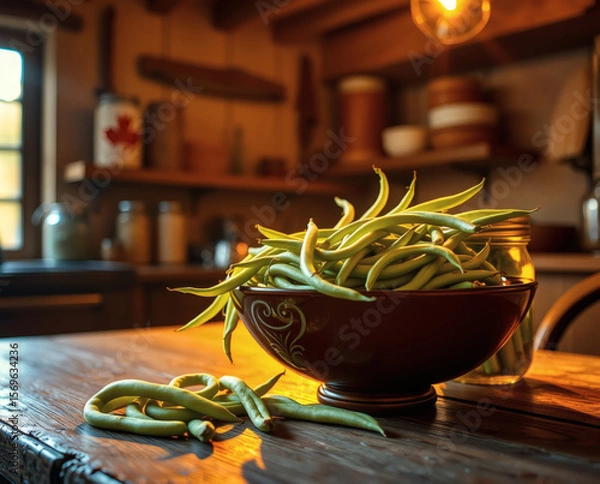 Fototapeta Freshly harvested green beans in a rustic kitchen bathed in warm afternoon light creating a homely atmosphere