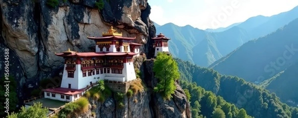 Fototapeta Ancient monasteries clinging to rugged Bhutanese slopes, lush valleys below, culture, ancient