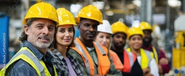 Fototapeta The diverse team of professionals wearing safety helmets in a factory setting.