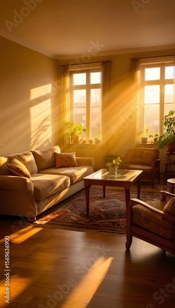 Fototapeta Warm sunbeams fill a cozy living room with a sofa, armchairs, rug, and plants creating a relaxing ambiance.