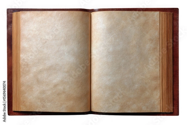Fototapeta Antique open book with blank aged parchment pages isolated on transparent background