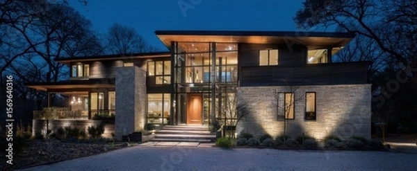 Fototapeta The modern luxury home showcases stunning architectural design at night.