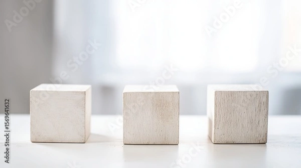 Fototapeta Three blank wooden blocks are arranged side by side, with high detail, minimalist style, soft light, and soft shadow background, showing an aesthetically pleasing and high-quality appearance.
