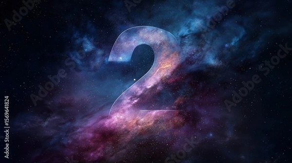 Fototapeta Cosmic - themed number 2 with nebula - like textures set against a star - filled space background, ideal for countdowns, event branding, or digital designs 