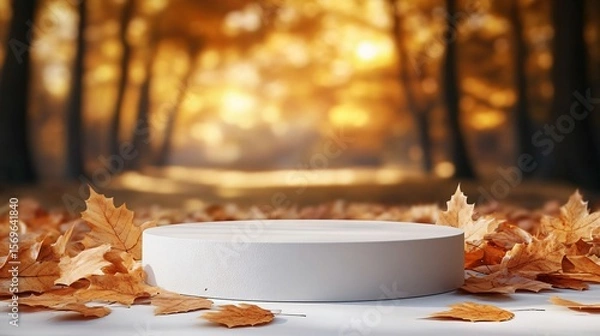 Fototapeta Autumn-themed podium surrounded by fallen leaves with forest backdrop for seasonal product presentation