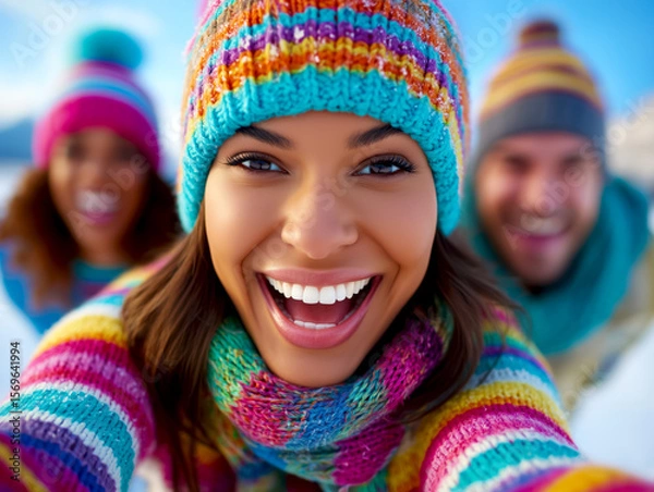 Fototapeta Smiling woman in colorful winter sweater and hat takes a selfie with friends in snowy landscape, showcasing joy and friendship in a vibrant outdoor winter setting with bright sunlight