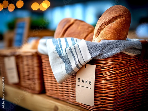 Fototapeta Freshly baked loaves of bread displayed in rustic wicker baskets lined with cloth, artisanal craftsmanship and inviting ambiance in a cozy bakery setting, for food enthusiasts and culinary inspiration