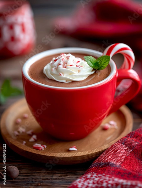 Fototapeta Red mug filled with rich hot chocolate topped with whipped cream and crushed peppermint, garnished with mint leaves, placed on a wooden tray with festive decorations in a cozy setting