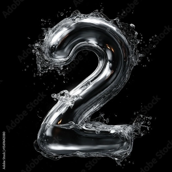 Fototapeta 3D - rendered number 2 formed by flowing water with splashes and bubbles, set against a black background, ideal for designs like countdowns, promotions, or digital media projects 